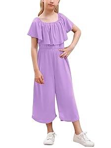GORLYA Girls Scoop Neck Ruffle Overlay Jumpsuit Rompers Casual Loose Long Wide Leg Jumper Outfits 4-14T, 8Y, Mauve)