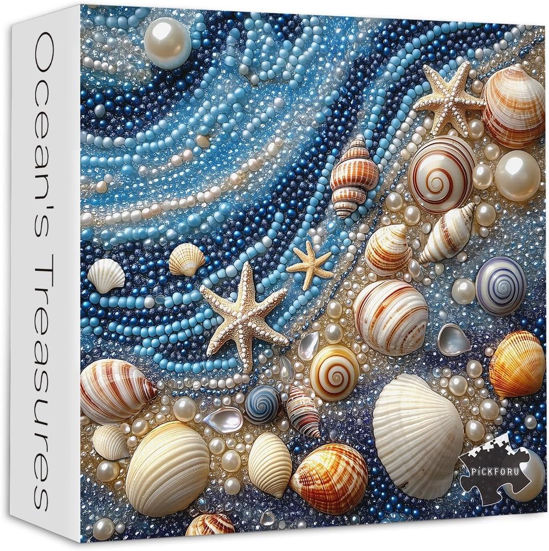 Beach 1000 Piece Puzzles for Adults, PICKFORU Mosaic Gradient Sea Jigsaw Puzzles Jewel Seashells, Challenging Hard Unique Pearl Shell Ocean Theme as House Decor