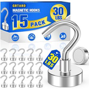 Grtard 15 Pack Magnetic Hooks Heavy Duty, 30LBS Strong Neodymium Magnet Hooks for Hanging, Strong Magnetic Hooks for Cruise, Magnet with Hooks for Fridge, Home, Kitchen, Industry, Workplace, Office (Silver)