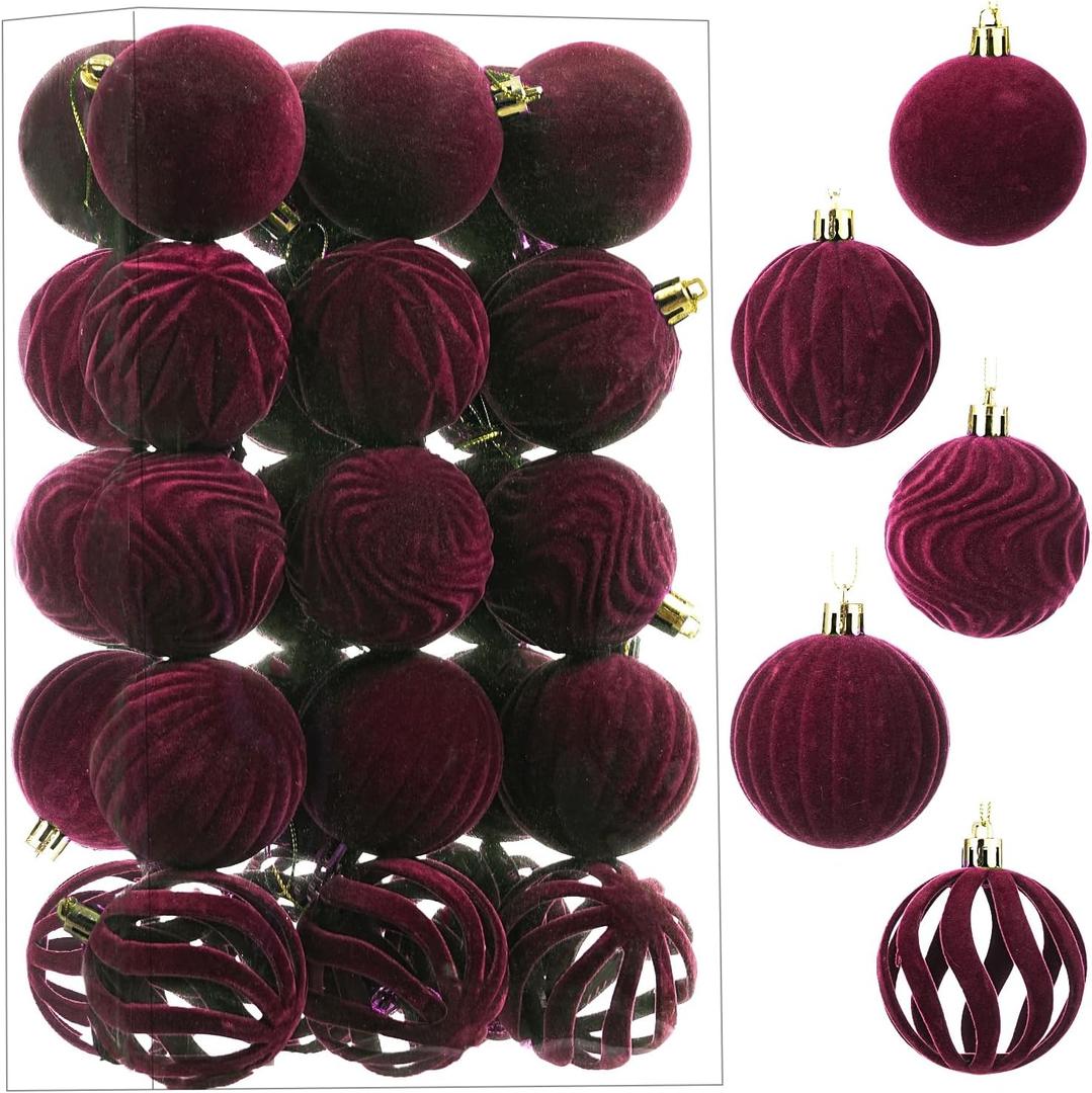 30ct 2.36" Flocked Christmas Ball Ornaments, Velvet Christmas Tree Balls, Flocked Shatterproof Xmas Ornaments, Fits for Party, Holiday and Home Decor, Burgundy