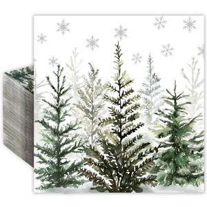 Quera 50 Pack Christmas Paper Napkins Watercolor Christmas Tree Disposable Beverage Napkins Watercolor Decorative Table Napkin for New Year Winter Dinner Merry Christmas Holiday Xmas Party Supplies