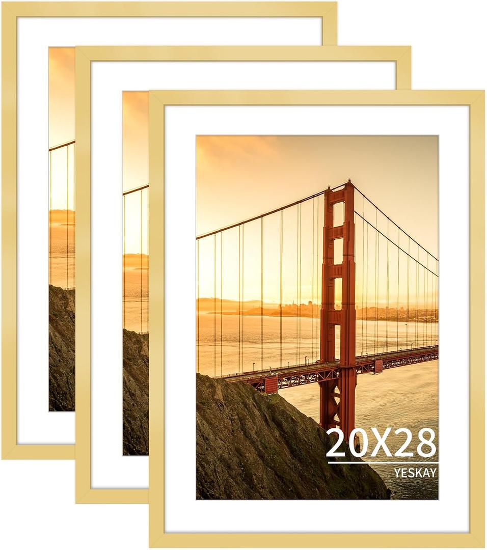 YESKAY 20x28 Picture Frame Gold Set of 3, Display Pictures 16x24 with Mat or 20 x 28 Without Mat, Poster Frames 20x28 for Wall Hanging Horizontal and Vertical