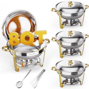 Chafing Dishes for Buffet 4 Pack,8QT Food Warmers for Parties Buffet, Christmas Gatherings [Elegant Gold and Silver Colors] Stainless Steel Round Chafing Dish Buffet Set,Buffet Servers and Warmers (13.5"L x 13.5"W x 9"H)