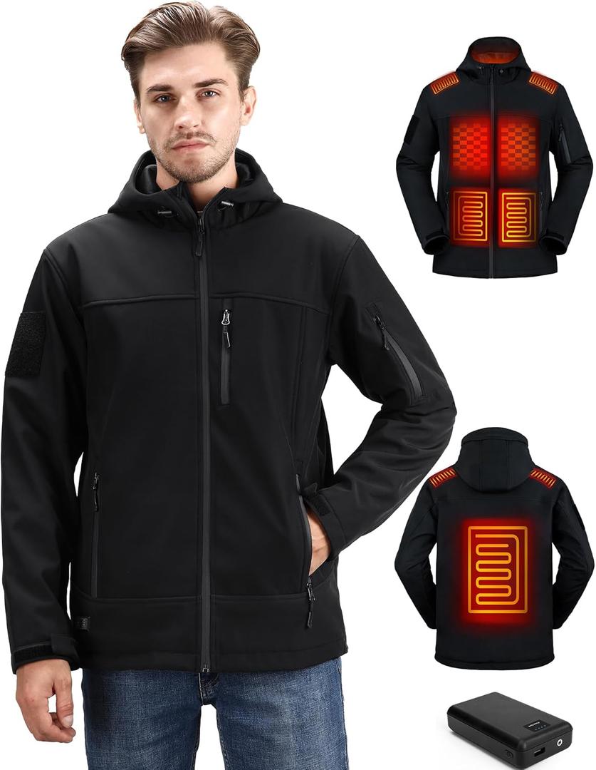 Heated Jackets for Men with Rechargeable Pack, Mens Waterproof Windproof Soft Shell Heating Jackets Coat, Large, Black