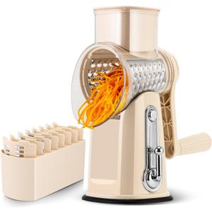 SUSTEAS Rotary Cheese Grater with Handle - Vegetable Shredder with 5 Well-designed Blades & Strong Suction Base, Round Mandoline Slicer & Food Chopper for Kitchen, with Blade Storage Box(Beige)