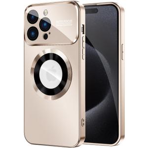 MAKAVO Magnetic for iPhone 15 Pro Max Case, Compatible with MagSafe, Built-in Camera Lens Protector, Logo View, Military Grade Drop Proof Phone Cover, Desert Titanium