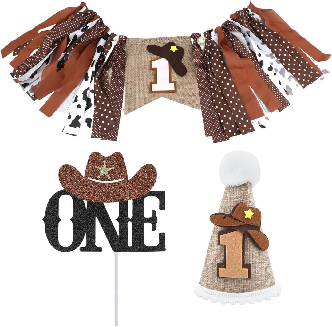 Cowboy 1st Birthday High Chair Banner Western First Rodeo Party Decorations Farm Photo Prop Smash Cake Decor One Cowboy Tassel Garland One Cake Topper and 1st Birthday Hat