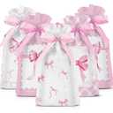 Blosssound 48 Pcs Pink Bow Candy Bags 9.1 x 5.9 Inch Coquette Drawstring Plastic Treat Gift Goodie Bag Bulk for Birthday Weddings Bridal Shower Engagement Party Supplies