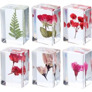 6 Pcs Pressed Flower Paperweight, Dried Flower Paperweight, Paper Weights Decorative for Office Desk, Desktop Decorations, Resin Crafts, Can be Used as Gifts(Rectangular) (Red)