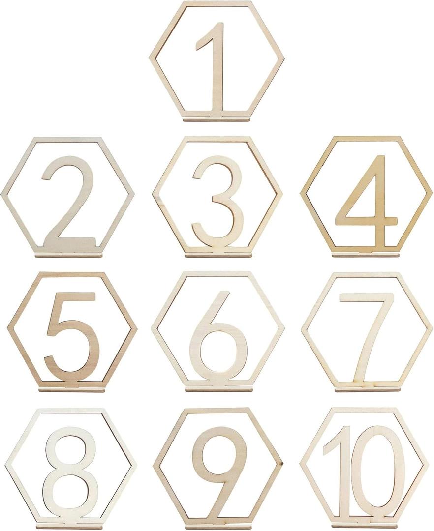 HEVSTIL 10pcs 1-10 Wooden Table Numbers, Wedding Table Numbers with Holder Base Wooden Table Numbers Hexagon Shape Table Numbers for Wedding Reception and Decoration