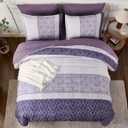 Dinjoy Purple King Size Comforter Set,Striped Boho Bed in a Bag King 7 Pieces Soft Microfiber Warm Fall Bedding Comforters Sets Modern Complete Bed Set for Women All Season