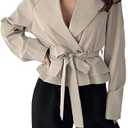 GORGLITTER Women's Cropped Short Trench Coat Jacket Blazer Fall Trendy Long Sleeve Belt Business Casual Work Outerwear, M, Khaki