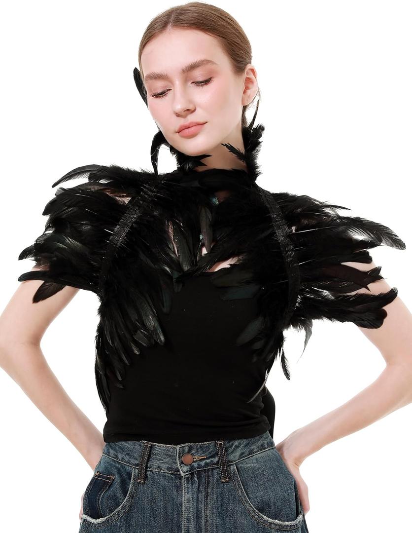 Women Feather Shawl Gothic Collar Cape Halloween Angel Demon Cosplay Party Costume (Black)