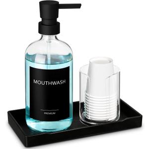 TOLDATLI Mouthwash Dispenser for Bathroom, Glass Mouth Wash Pump Dispenser with Cup Holder, 17 Fl Oz Mouthwash Bottle Decanter with Tray, Refillable Mouthwash Dispenser Container (Clear)