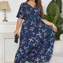Keluummi Plus Size Wedding Guest Maxi Dresses for Curvy Women, Summer Formal Floral V Neck 3/4 Sleeve A Line Long Party Dress (Blue)