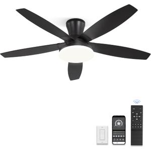 ZMISHIBO 48 inch Ceiling Fans with Lights and Remote/APP Control,Black Low Profile Ceiling Fan with Light,Quiet DC Motor,LED Dimmable, Modern Flush Mount Ceiling Fan for Bedroom Indoor/Outdoor Patio