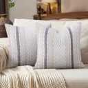 Boho Neutral Throw Pillow Covers Set of 2, 18x18 Inch Farmhouse Striped Cotton Chenille Decorative Pillow Covers for Couch, Sofa, Living Room (White & Grey)