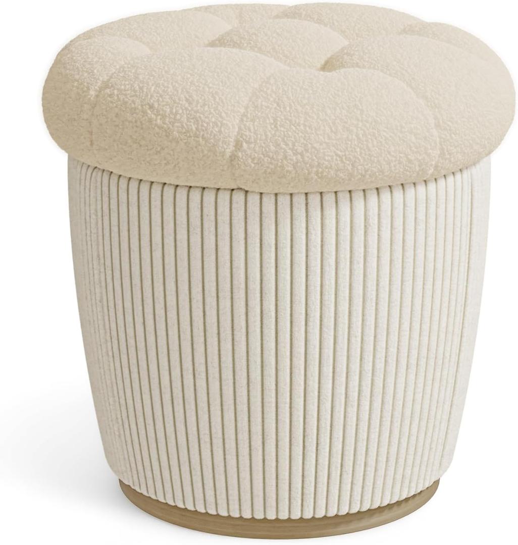 Round Ottoman with Storage, Sherpa Vanity Stool, 18.5" Small Ottoman Dorm, Foot Stools, Upholstered Ottoman Foot Rest for Living Room & Bedroom, Beige