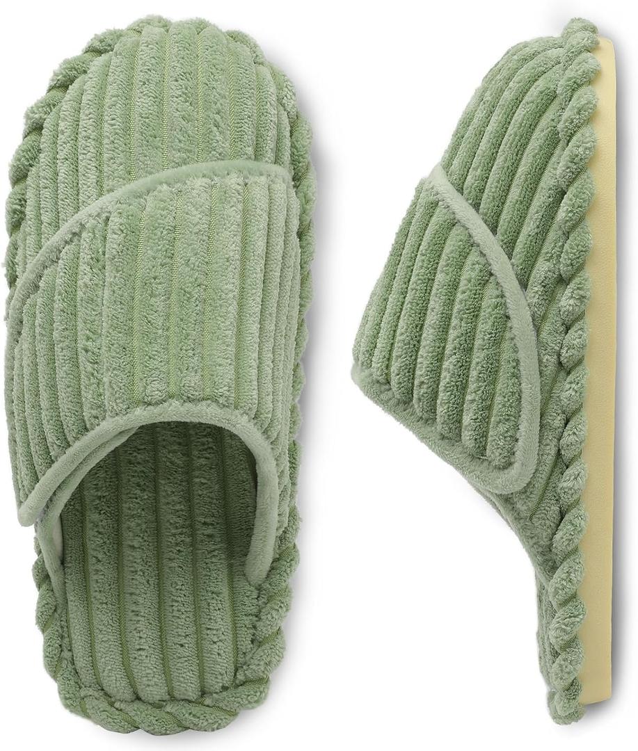 Besroad Slippers for Women Memory Foam House Bedroom Slippers Adjustable Corduroy House Slides Sandals Shoes (Green, S)