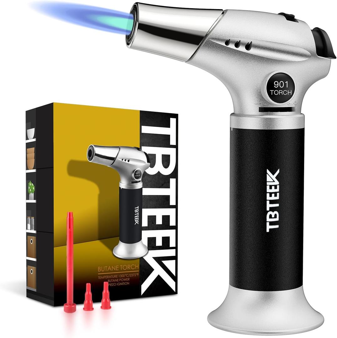 TBTEEK Butane Torch, Kitchen Torch Cooking Torch with Safety Lock & Adjustable Flame for Cooking, BBQ, Baking, Brulee, Creme, DIY Soldering(Butane Not Included) (Silver)
