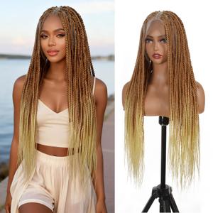 BrittyHair Full Lace Knotless Box Braided Wigs for Black Women Double Full Lace Front Braided wig Glueless Braided Wigs with Baby Hair Synthetic Braided Lace Front Wigs(32 Inch, Ombre Blonde)