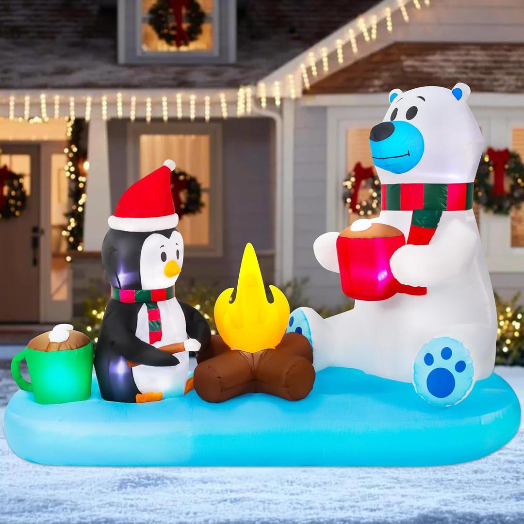 9FT Long Christmas Inflatables Decorations, Outdoor Penguin & Polar Bear Campfire Giant Blow Up with Built-in LED Lights for Yard Garden Lawn Holiday Decor