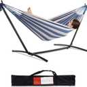 PNAEUT Double Hammock with Space Saving Steel Stand Included 2 Person Heavy Duty Garden Yard Outdoor 450lb Capacity Hammocks (Sky)