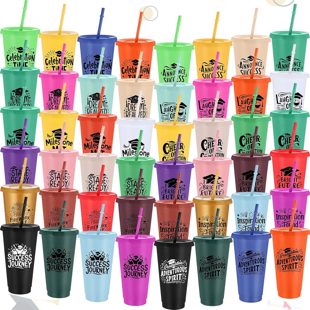 Skylety 48 Pack 2025 Graduation Gifts Bulk Graduation Cups 24 oz Reusable Drinking Tumbler with Lid Straw Hot Cold Drink for Class of 2025 Party Favor End of The Year Gifts (Black Printed)