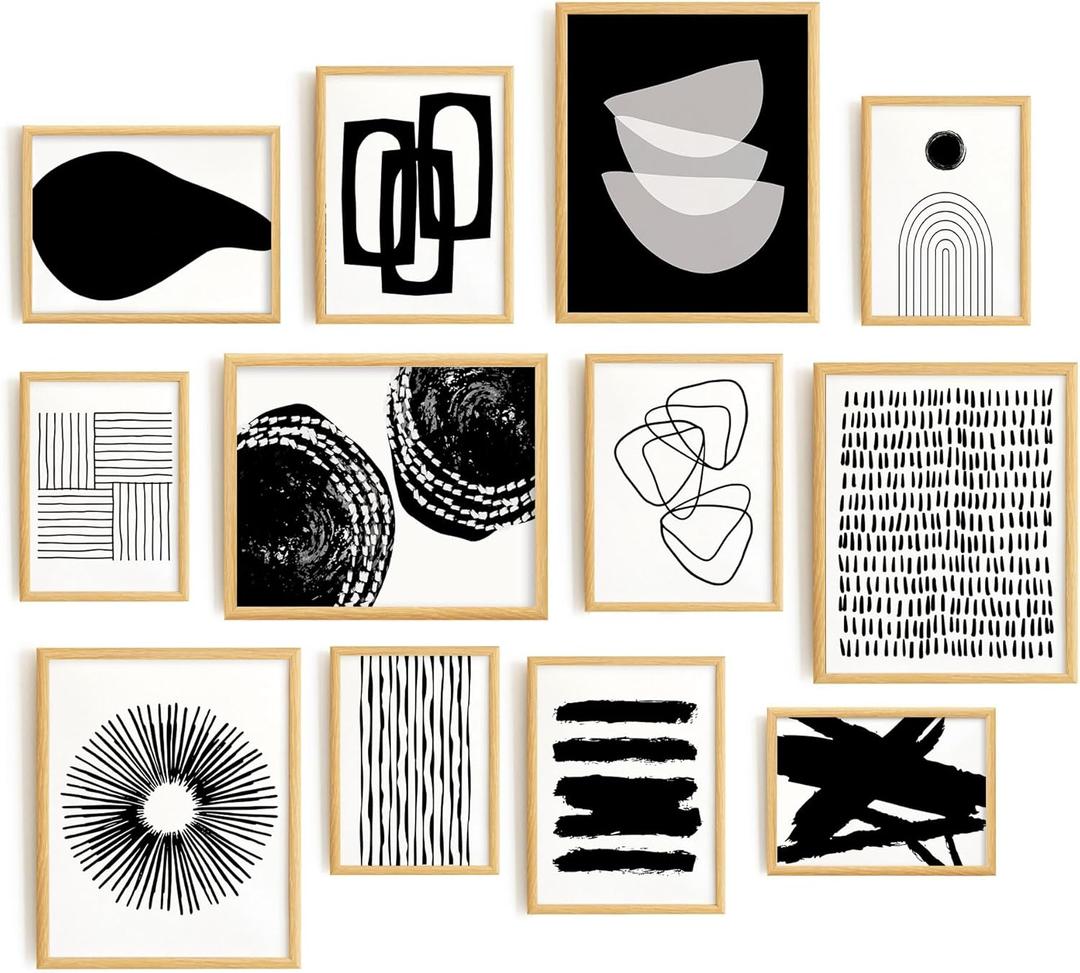 Set 12 Boho Wall Art - Black And White Art Prints, Abstract, Midcentury Modern, Geometric, Boho Room Decor, Minimalist (8x10in UNFRAMED)