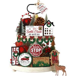 17 Pcs Christmas Tiered Tray Decor Set Winter Tiered Tray Decorations Truck Santa Wooden Sign Farmhouse Vintage Christmas Table Decor for Home Shelf Rustic Table Centerpiece