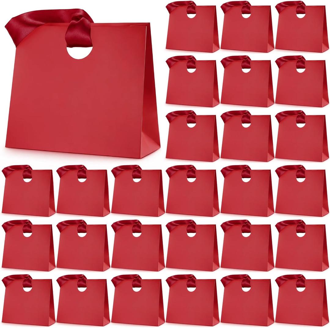 Feifeiya 30 Pcs Small Paper Gift Bags with Ribbon Handles 7.87 x 3.54 x 7.09 Valentine's Day Reusable Goodie Candy for Birthday Bridal Baby Shower Party Favors Wrap(Red)