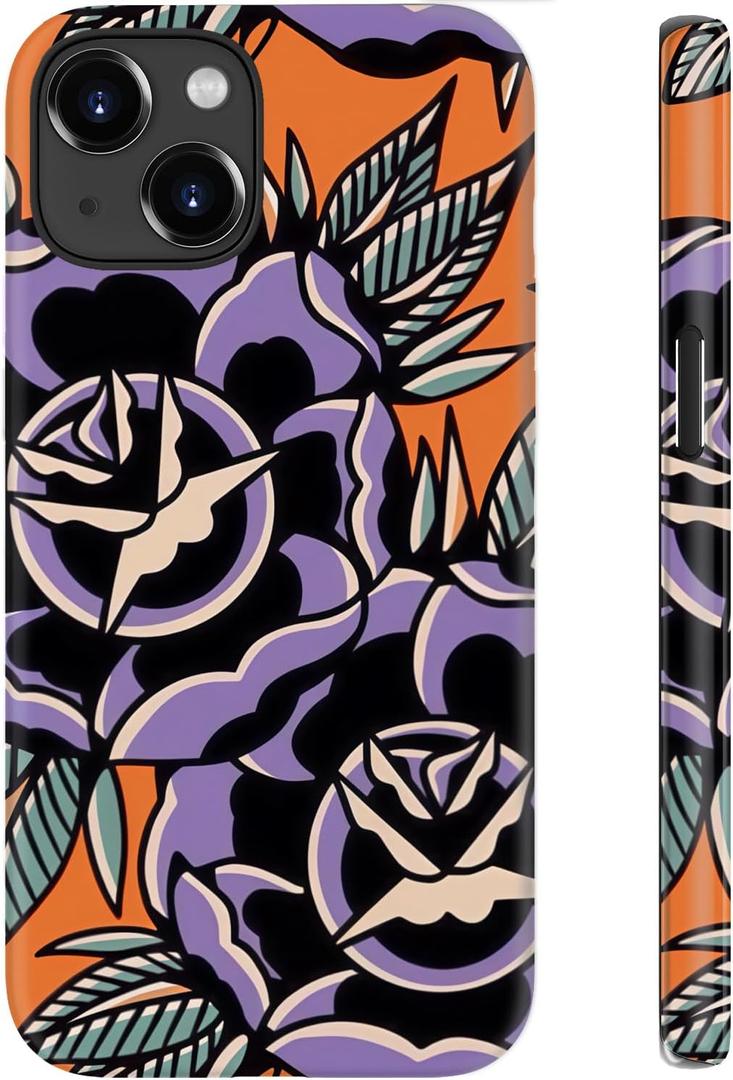 for iPhone 13 Case, Wireless Charging Compatible, Dual-Layer Shockproof Protection with Chic Wildflower Design, Soft Silicone + Hard Shell Phone Cover for Women - Purple Desert Rose
