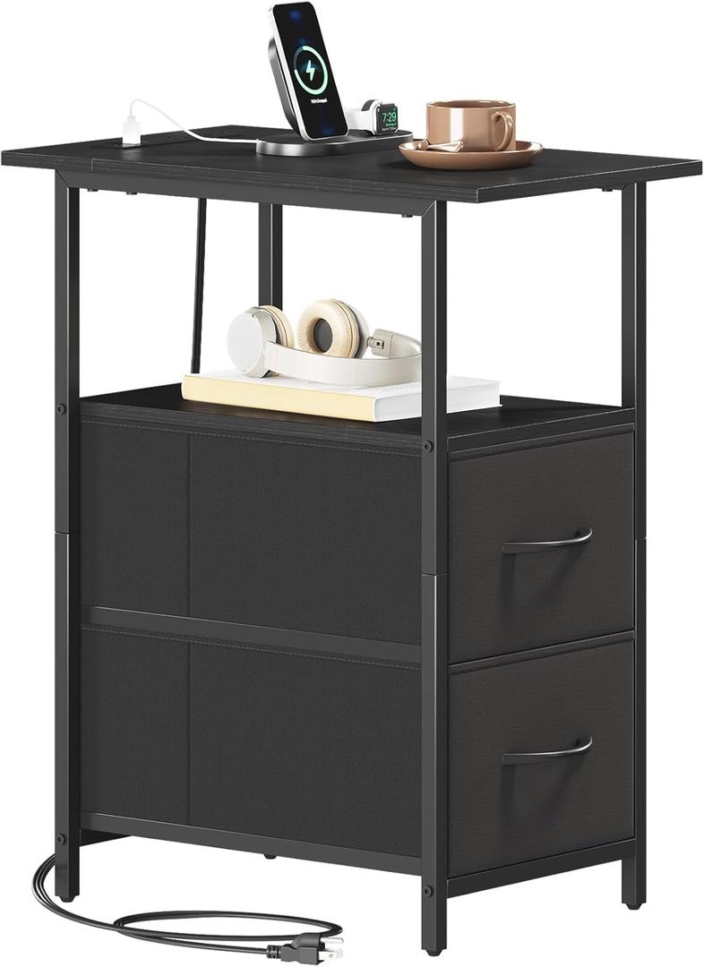 Somdot End Table with Charging Station, Narrow Side Table with 2 Fabric Drawers, Skinny Nightstand with Storage, Small Slim Bedside Table for Living Room, Sofa, Bedroom, Couch, Black