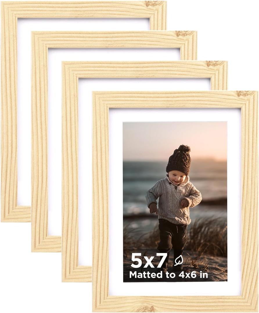 KINLINK 5x7 Picture Frame Wood Grain Set of 4, Wooden Photo Frames Matted 4x6 with Plexiglass for 4x6 with Mat or 5x7 without Mat for Table and Wall Display