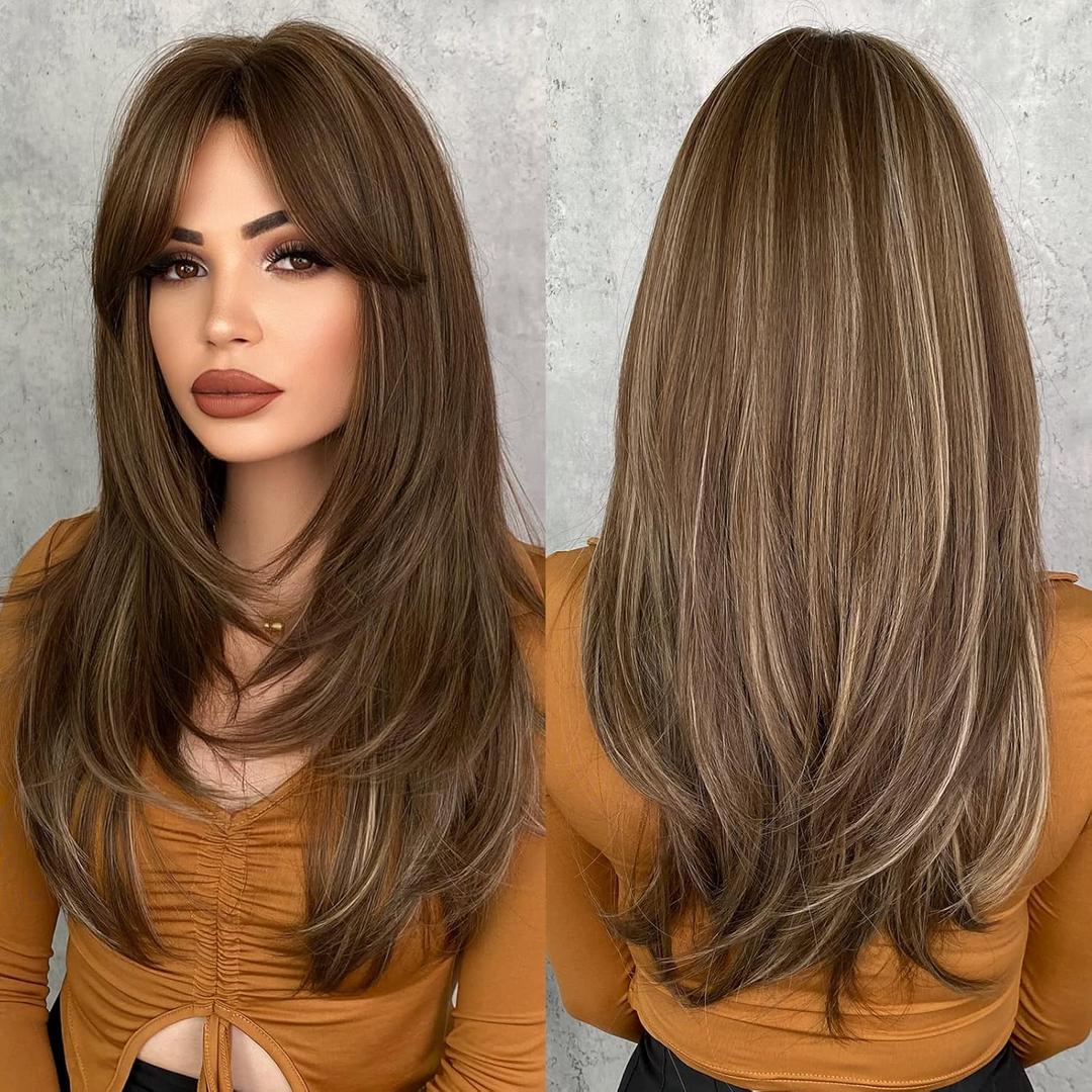 7JHH WIGS Honey Blonde Wig with Bangs Long Brown Wigs for Women,Layered Heat Resistant Synthetic Wigs for Daily Use