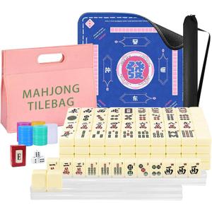 American Mahjong Tiles Set, 166 White Tiles Game with Noise Reducing Mahjong Mat with Storage Bags, 4 Racks, Scoring, Plastic Coins Dices Portable Travel Mahjong Game Set for Adults & Beginners