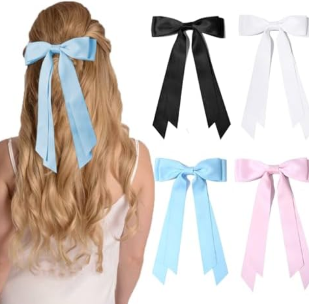 Pack of 2 4PCS Hair Bows Hair Clips, RSWETE Stain Bow Hair Ribbon for Women Girls French Barrette Ponytail Bow Clip Hair Accessories Elegant Cute (White & Black & Pink & Blue)