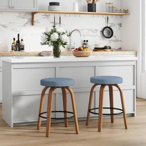 Swivel Bar Stools Set of 2, 24" Counter Height Backless Bar Stools, Fabric Upholstered Seat, Sturdy Curved Wood Legs, Mid-Century Modern Island Stools for Kitchen Bar, Dining Room, Blue