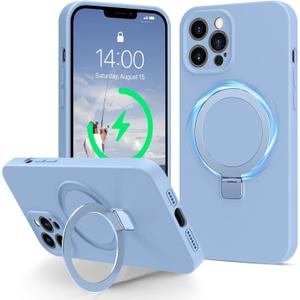 Compatible with iPhone 12 Pro Case Stand, Full Camera Protection Slim Liquid Silicone Phone Cases Fit for iPhone 12 Pro Compatible with MagSafe Magnetic Ring Kickstand Case 6.1", Light Blue