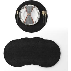 Set of 4 Round Placemat 15 Inch Soft Linen eco-Friendly Fabric Handcrafted Machine Washable Indoor & Outdoor Tablemat Black