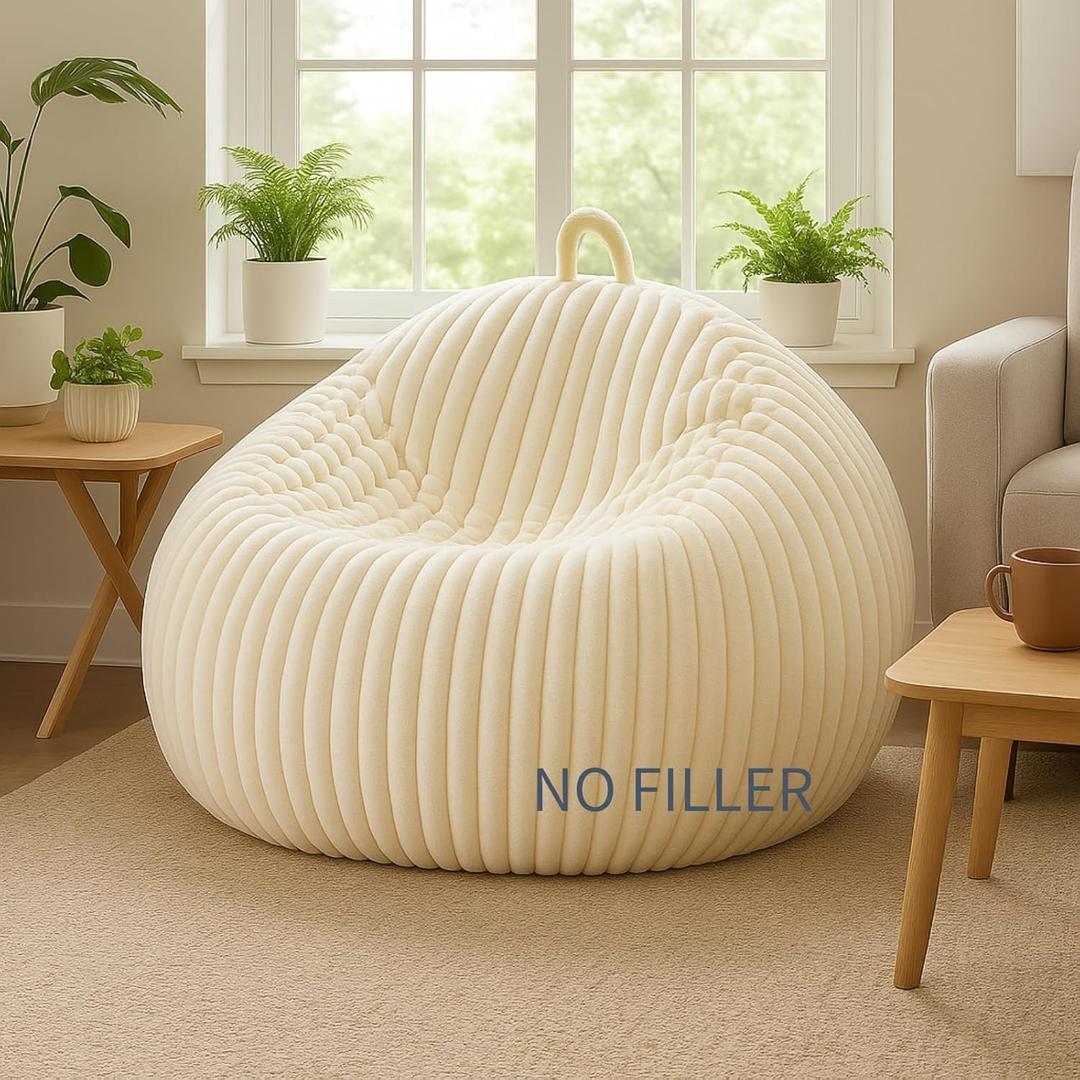 Honeydak Ribbed Rabbit Fur Stuffed Animal Storage Bean Bag Chair Cover (No Filler) Comfy Bean Bag Cover Without Filling or Home Bedroom Decor Organizing Plush Doll Textile Holder (Creamy White, XL)