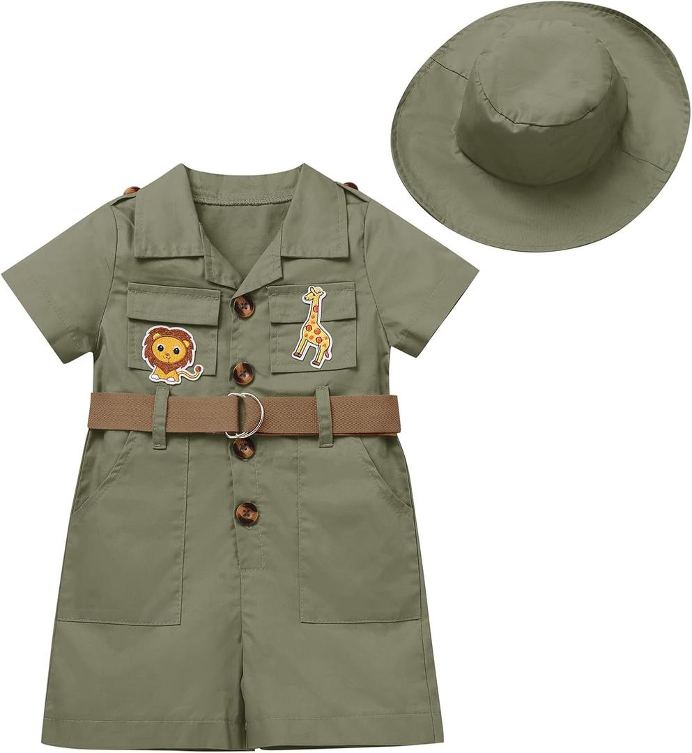 Baby Safari Outfit Wild One Birthday Outfit Girl Short Sleeve Safari Jumpsuit with Hat Toddler Zoo Keeper Outfit (12-18 Months, Army Green)