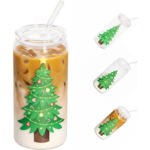 Christmas Gifts, 18oz Color Changing Christmas Glass Cups with Lids and Straw, Glass Tumbler Iced Coffee Drinks Cups for Holiday Party (1 Pack)