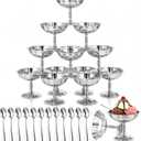 Ferrochef 12 Sets Stainless Steel Ice Cream Cups with Spoons Bulk Vintage Silver Footed Dessert Bowls Reusable Sundae Cups for Fruit Yogurt Pudding Wedding Birthday Party Supplies(Flower Edge Style)