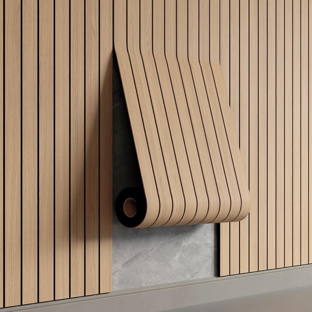 YU LI 3DH Peel and Stick PVC Slat Wall Panel 236"x15.75" Self-Adhesive Thick Faux Oak Wood Grain Wallpaper Panel 3D Soundproof Wall Panels for Walls & Ceilings
