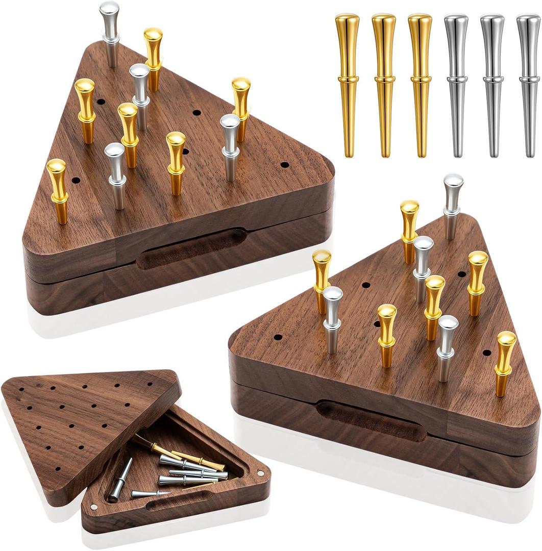 Estune 2 Set 4.3 Inch Walnut Wooden Tricky Triangle Peg Game Portable Board Triangular Game Set with Storage Box for Adults Travel Party