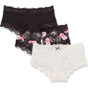 Maidenform Women's Hipster Underwear, Low-rise Cheeky Panty, Scalloped Lace Hipster Panty, 3-pack (X-Large, Black/Pearl Dot Print/Oil Flower Black)