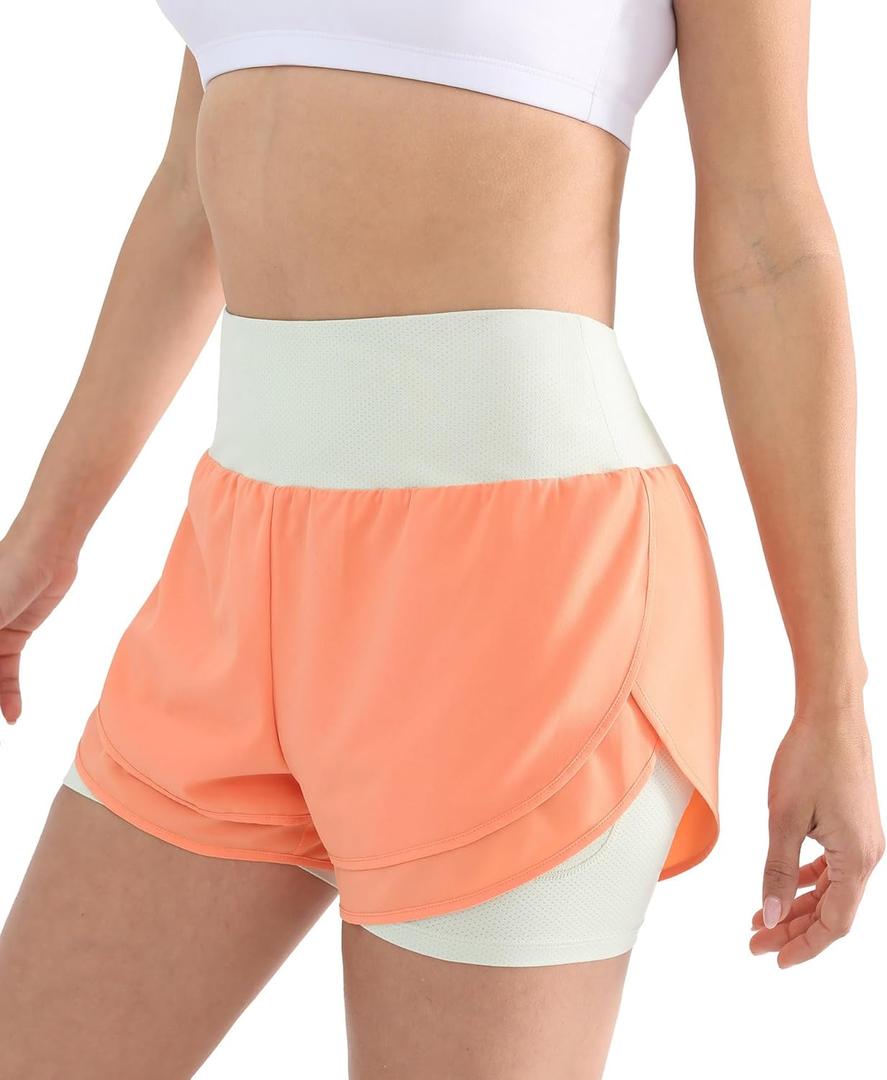 Cosmolle 2 in 1 Running Shorts for Women Lightweight Tennis Shorts Breathable Athletic Workout Shorts with Phone Pockets (Orange, Large)