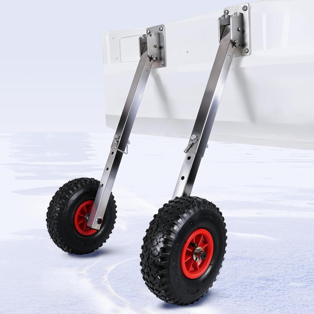 Boat Launching Wheels,Stainless Steel Adjustable Leg Length & Angle Transom Launching Wheels with Pneumatic Tire for Inflatable Boat, Aluminum Boat, 26.5 to 36 inches