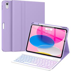 Soke for iPad (A16) 11th/10th Generation Case with Keyboard(2025/2022)-7 Color Backlight Wireless Detachable Folio Keyboard Cover with Built-in Pencil Holder for iPad 11/10.9 Inch, Lilac